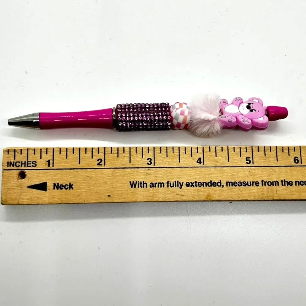 Unique Handmade Cute Hot Pink Crystal Furry Teddy Bear Beaded Pen